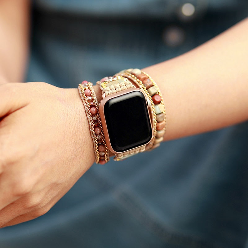 Rhodonite and Jasper Beads Apple Watch Band Wax Cord Wrap - Allora Jade