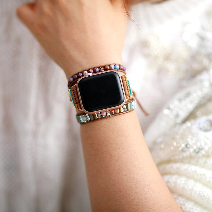 Rhinestones, Rhodonite and Jasper Beads Apple Watch Band Wax Cord Wrap - Allora Jade