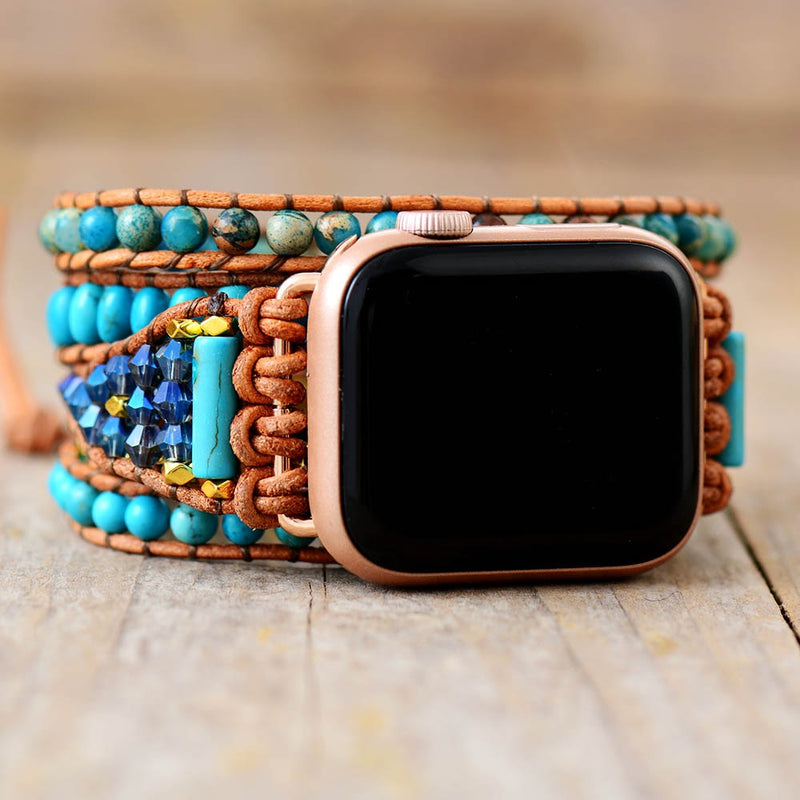 Turquoise and Jasper Beads Apple Watch Band Leather Wrap - Allora Jade