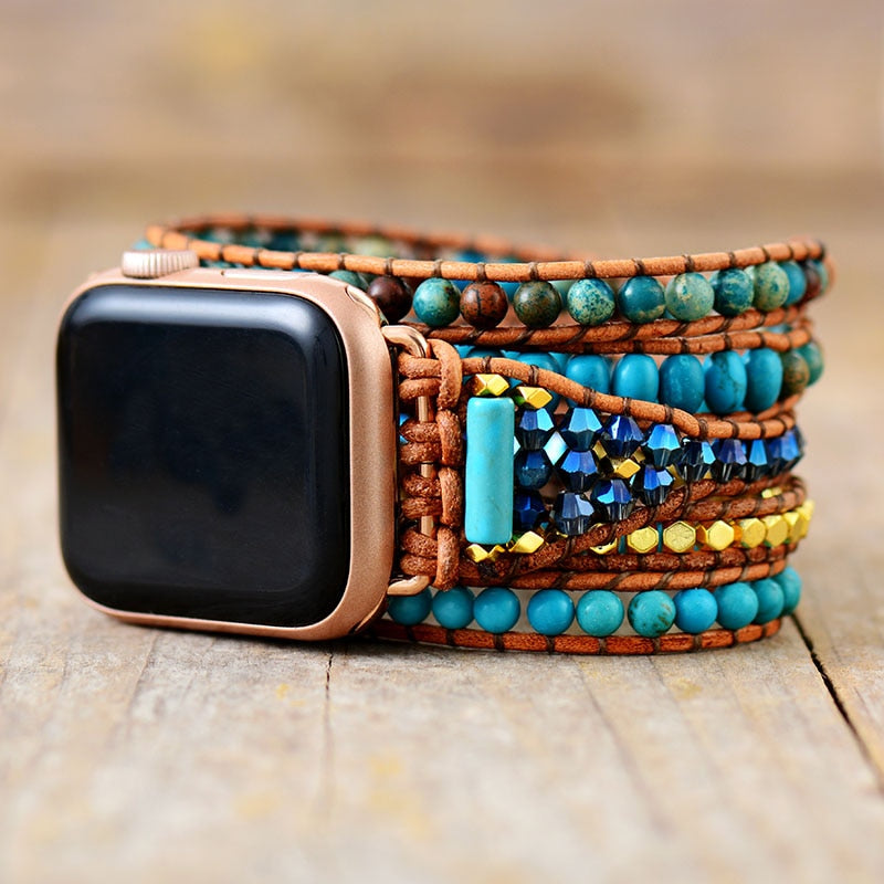 Turquoise and Jasper Beads Apple Watch Band Leather Wrap - Allora Jade