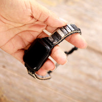 Black White Jasper Beads Apple Watch Band Wax Cord Cuff - Allora Jade