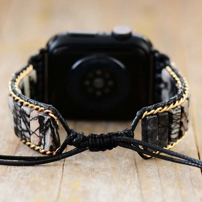 Black White Jasper Beads Apple Watch Band Wax Cord Cuff - Allora Jade