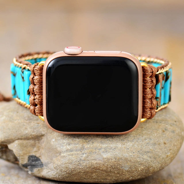 Sky Blue Jasper Beads Apple Watch Band Wax Cord Cuff - Allora Jade