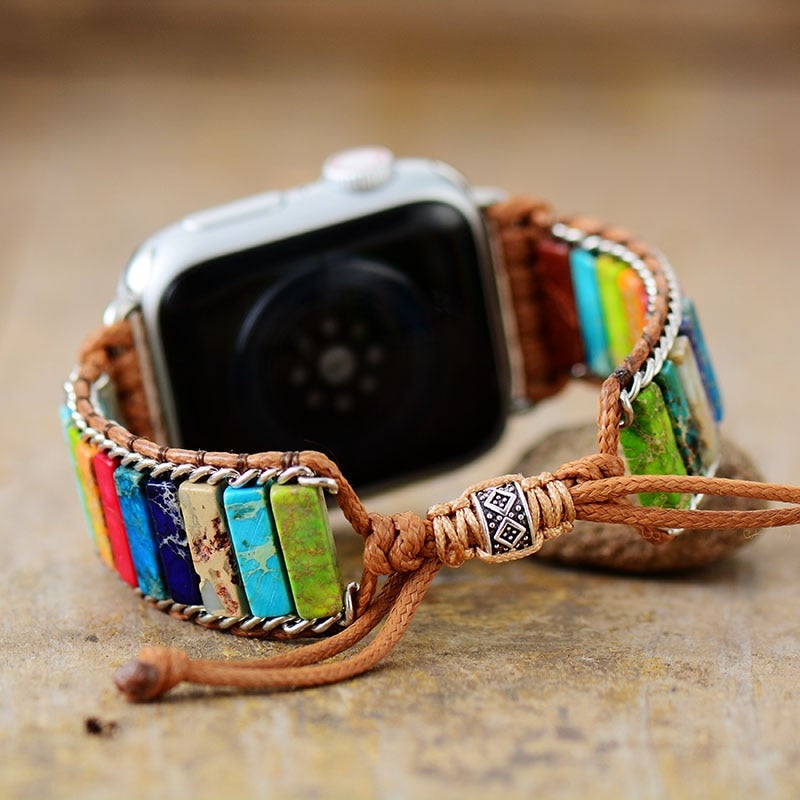 Chakra Jasper Beads Apple Watch Band Wax Cord Cuff - Allora Jade