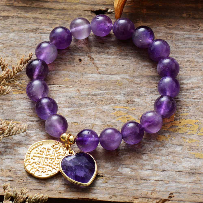 Amethyst Heart Charm and Beads Stretchy Bracelet - Allora Jade
