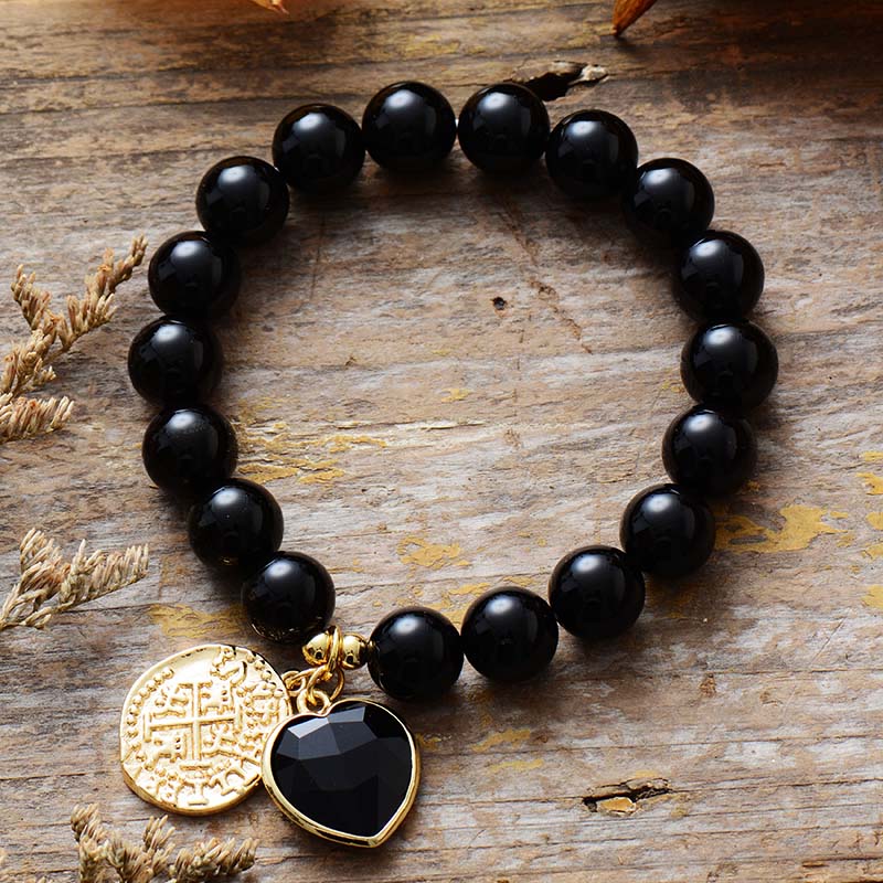 Black Onyx Heart Charm and Beads Stretchy Bracelet - Allora Jade