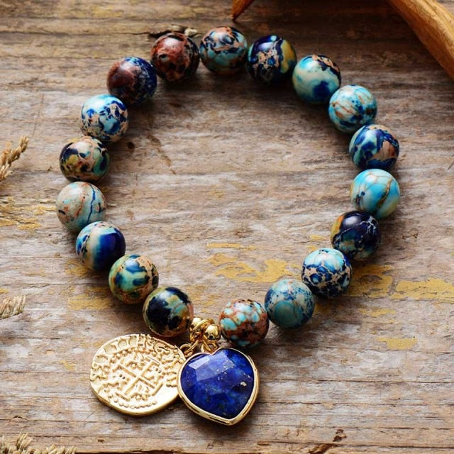 Lapis Lazuli Heart Charm and Jasper Beads Stretchy Bracelet - Allora Jade